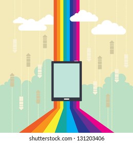 Vector conceptual iilustration of a tablet on rainbow lines illustratiing cloud wireless technology.