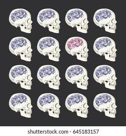 Vector conceptual illustration about individuality and society. Female skulls with brain in form of hydrangea flower. Stand out from crowd