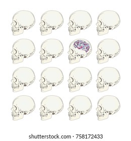 Vector conceptual illustration about individuality and society. Female skulls with brain in form of hydrangea flower. Stand out from crowd