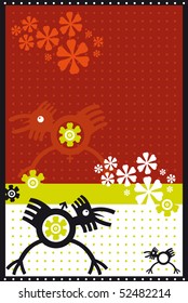 Vector conceptual illustration about spring: Male and female birds with chick among the flowers