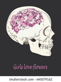 Vector conceptual illustration about women's desires. Female skull with brain in form of hydrangea flower. Girlish dreams