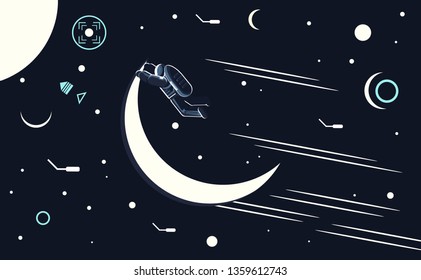 Vector conceptual illustration of an astronaut flying on the moon in space.