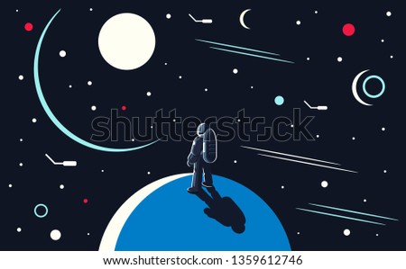 Vector conceptual illustration of an astronaut standing on the planet and looking into outer space at the sun and other planets.