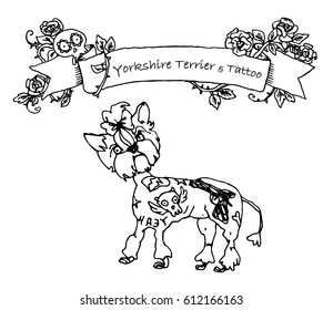 Vector conceptual illustration black and white with the Tattooed dog York. Angry Yorkshire terrier with Tattoos in the form of a skull and a pistol