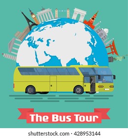 Vector conceptual illustration - The Bus Tour of Europe and popular familiar landmarks. Globe with monuments and green touristic bus.
