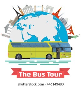 Vector conceptual illustration - The Bus Tour of Europe and popular familiar landmarks. Globe with monuments and green touristic bus.