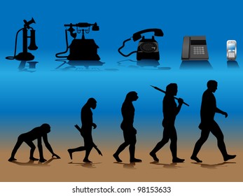 vector conceptual illustration comparing human and phone evolution, raster version available