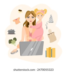 Vector conceptual illustration of a concerned mother working with a child in her arms. Flat style  