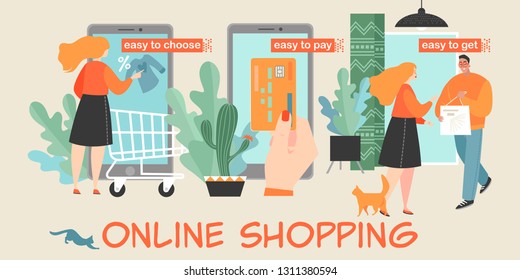 Vector conceptual illustration with cute girl shopping online. Set of cute cartoon illustrations. Modern technologies facilitate the routine