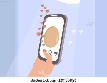 Vector conceptual illustration of the hand of a man pressing the like button on a social network next to a photo of an ordinary egg. Youth culture and trends.