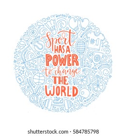 Vector conceptual illustration with handdrawn lettering and sport equipment. Great for t-shirts, poster for the home gym.