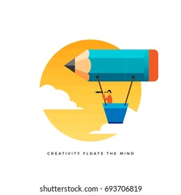 Vector conceptual illustration of man looking through a telescope riding a pencil-shaped air balloon.