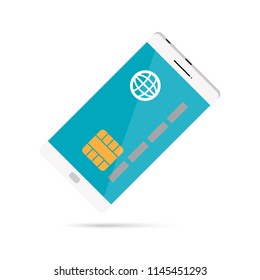 Vector conceptual illustration of mobile payment with credit card image on smartphone.