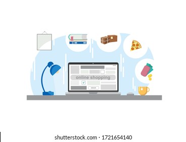 Vector conceptual illustration of online shopping. A laptop with an inscription on the screen and various icons of goods and services nearby