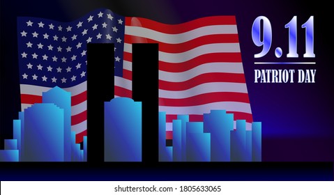 
Vector conceptual illustration for Patriot Day USA poster or banner. 11 September. Twin towers and American flag on a blue background.