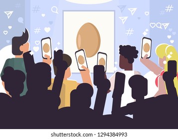 Vector conceptual illustration of people photographing a regular Egg at an exhibition and putting likes of this photo. Social network and trend.