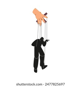 Vector conceptual illustration: A puppet guy on strings, controlled by a hand, a symbol of manipulation. Flat graphics in the style of domination and exploitation