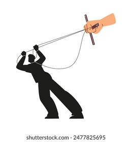 Vector conceptual illustration: puppet strings controlling a man, a symbol of manipulation. Flat graphics in the style of dominance on a white background.
