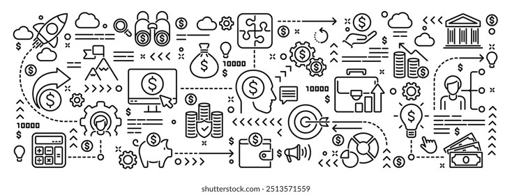 Ilustração conceitual vetorial relacionada ao plano e estratégia do projeto de negócios, investimentos e sucesso. Banner ou fundo de doodle linear para site ou aplicativo móvel