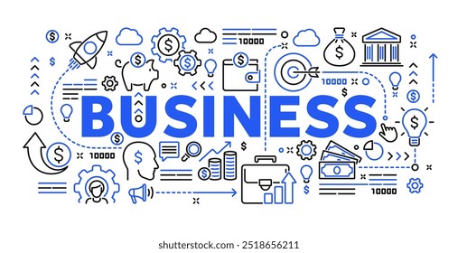 Ilustração conceitual vetorial relacionada a negócios e finanças, bancos, investimentos e sucesso. Banner ou fundo de doodle linear para site ou aplicativo móvel