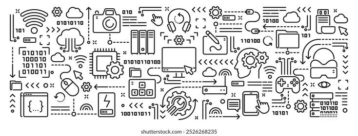 Vector ilustración conceptual relacionada con la tecnología informática, equipos electrónicos, teléfonos móviles y dispositivos. Anuncio de doodle lineal o fondo para Sitio web o App móvil