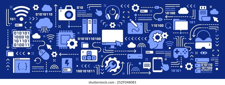 Vector ilustración conceptual relacionada con la tecnología informática, equipos electrónicos, teléfonos móviles y dispositivos. Anuncio o fondo sólido del doodle para el Sitio web o el App móvil