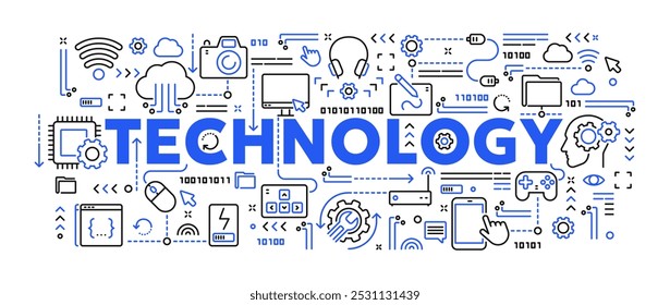 Vector ilustración conceptual relacionada con la tecnología informática, equipos electrónicos, teléfonos móviles y dispositivos. Anuncio de doodle lineal o fondo para Sitio web o App móvil