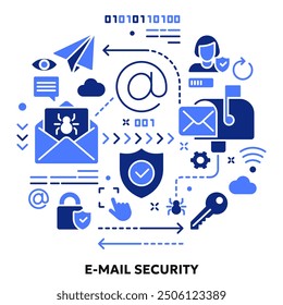 Vektorgrafik zur Cybersicherheit, zum Schutz von E-Mail-Informationen, zur Sicherheit privater Daten. Fester Doodle-Hintergrund oder Banner für Website oder mobile App