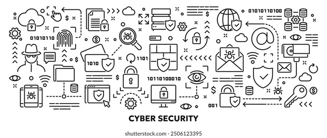 Vector ilustración conceptual relacionada con la seguridad cibernética, la protección de la información personal, la seguridad de los datos privados. Fondo de doodle lineal o Anuncio para Sitio web o App móvil