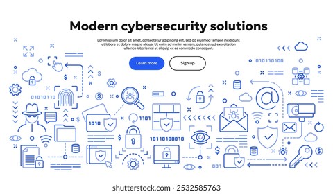 Ilustração conceitual vetorial relacionada à cibersegurança, proteção de informações pessoais e segurança de dados privados. Banner de doodle linear ou imagem de herói para o site