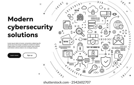 Vector ilustración conceptual relacionada con la ciberseguridad, la protección de la información personal, la seguridad de los datos privados. Anuncio de doodle lineal o Imagen de héroe para el Sitio web