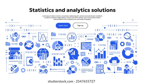 Vector conceptual illustration related to statistics, data analytics, infographic. Solid doodle banner or background for website or mobile app