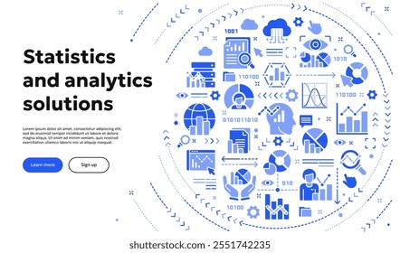 Vector conceptual illustration related to statistics, data analytics, infographic. Solid doodle banner or background for website or mobile app