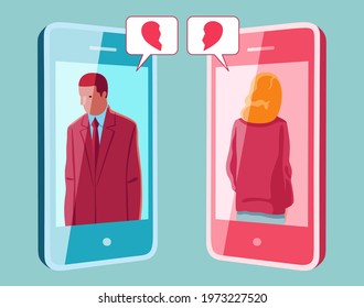 Vector conceptual illustration representing modern couple in which man and woman communicate to each other the end of their love by sending text messages with the broken heart icon
