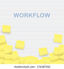 Vector conceptual illustration. Workflow theme. Note paper composition with place for your content. Yellow papers on simple linked paper texture.