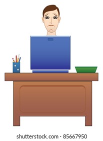 Vector conceptual illustration of a worried man using a computer in an office.