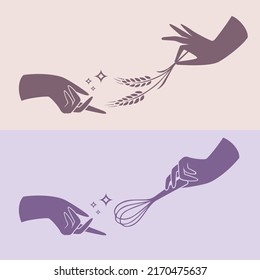 Vector conceptual illustrations of hands giving wheat and whisk for bakery and pastry branding