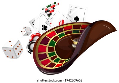 Vector conceptual image for a gambling establishment. Playing cards, poker chips, roulette seem to float in zero gravity. Poker gambling mobile app icon. EPS 10