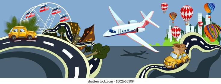 Vector conceptual image of a tape consisting of many interconnected objects, such as air and land transport, urban buildings and roads. EPS