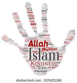 Vector conceptual islam, prophet, mosque hand print stamp word cloud isolated background. Collage of muslim, ramadam, quran, pilgrimage, allah, duties, art, calligraphy, oriental, tradition concept