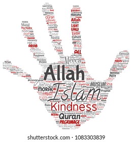 Vector conceptual islam, prophet, mosque hand print stamp word cloud isolated background. Collage of muslim, ramadam, quran, pilgrimage, allah, duties, art, calligraphy, oriental, tradition concept