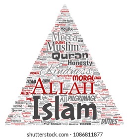 Vektor konzeptueller Islam, Prophet, Moschee Dreieck Pfeil rote Wort Cloud isolierten Hintergrund. Collage of muslim, ramadam, quran, pilgrimage, allah, duty, art, kalligraphie, orientalisch, traditionskonzept