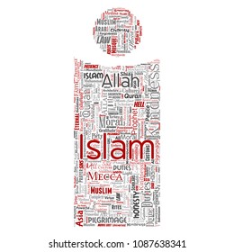 Vector islam conceptual, profeta, letra de mezquita fuente de la palabra roja nube aislado fondo. Collage de musulmanes, ramadam, quran, peregrinación, allah, deberes, arte, caligrafía, oriental, concepto de tradición