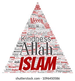 Vector conceptual islam, prophet, mosque triangle arrow red word cloud isolated background. Collage of muslim, ramadam, quran, pilgrimage, allah, duties, art, calligraphy, oriental, tradition concept