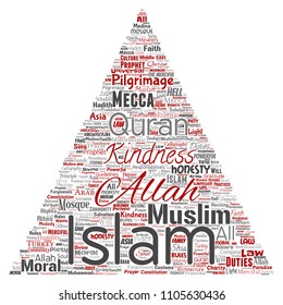 Vector conceptual islam, prophet, mosque triangle arrow red word cloud isolated background. Collage of muslim, ramadam, quran, pilgrimage, allah, duties, art, calligraphy, oriental, tradition concept