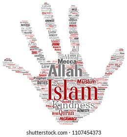 Vector conceptual islam, prophet, mosque hand print stamp word cloud isolated background. Collage of muslim, ramadam, quran, pilgrimage, allah, duties, art, calligraphy, oriental, tradition concept