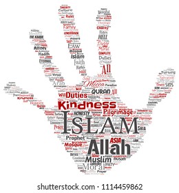 Vector conceptual islam, prophet, mosque hand print stamp word cloud isolated background. Collage of muslim, ramadam, quran, pilgrimage, allah, duties, art, calligraphy, oriental, tradition concept