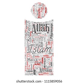 Vector conceptual islam, prophet, mosque letter font I red word cloud isolated background. Collage of muslim, ramadam, quran, pilgrimage, allah, duties, art, calligraphy, oriental, tradition concept