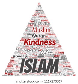 Vector conceptual islam, prophet, mosque triangle arrow red word cloud isolated background. Collage of muslim, ramadam, quran, pilgrimage, allah, duties, art, calligraphy, oriental, tradition concept
