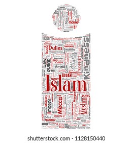 Vector conceptual islam, prophet, mosque letter font I red word cloud isolated background. Collage of muslim, ramadam, quran, pilgrimage, allah, duties, art, calligraphy, oriental, tradition concept